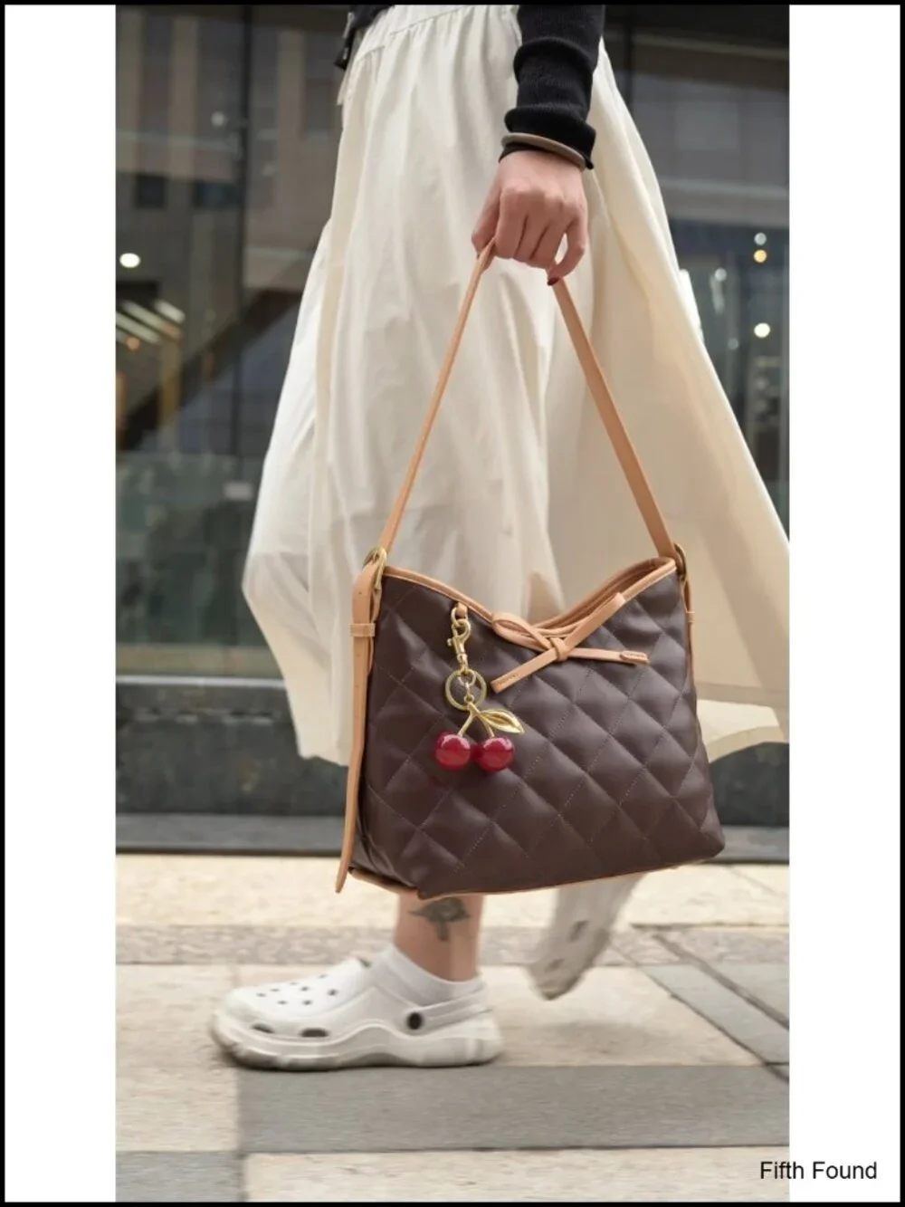 Soft PU Leather Hobo Handbag Quilted Crossbody Bag with Cherry Pendant